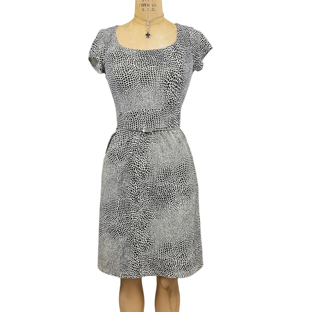 J.McLaughlin Dotted Black White Sheath Dress Midi Structured Smart Casual Small